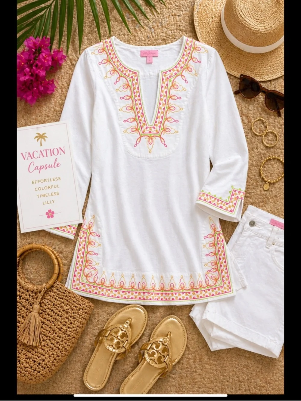 Lilly Pulitzer Embroidered Palm Beach Tunic Top White Pink Green Gold Small - Picture 4 of 16